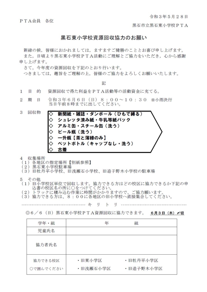 資源回収のお知らせ 21 5 28 黒石東小学校